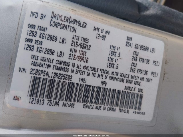 45467488 :رقم المزاد ، 2C8GP54L13R225662 vin ، 2003 Chrysler Town & Country Lxi مزاد بيع
