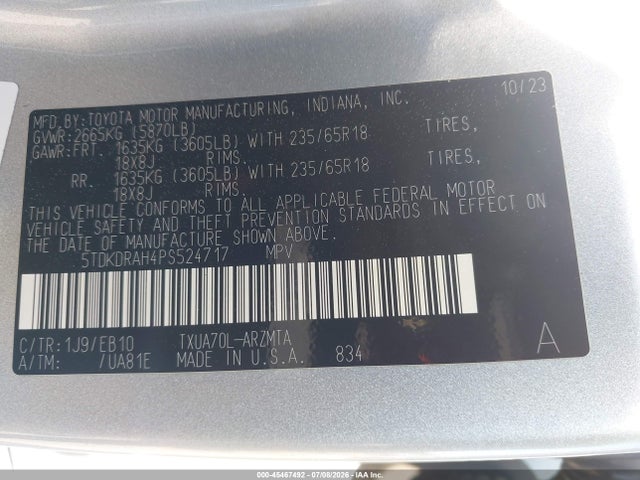 Продажа на аукционе авто 2023 Toyota Highlander Xle, vin: 5TDKDRAH4PS524717, номер лота: 45467492