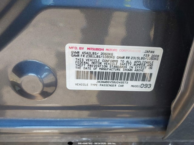 Aukcja sprzedaży 2008 Mitsubishi Lancer Evolution Gsr, vin: JA3AW86V58U049573, numer aukcji: 45467502