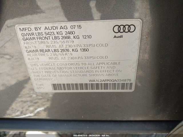 45467510 :رقم المزاد ، WA1L2AFP0GA034875 vin ، 2016 Audi Q5 2.0t Premium مزاد بيع