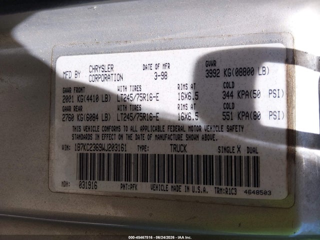 1998 Dodge Ram 2500 St მანქანა იყიდება აუქციონზე, vin: 1B7KC2369WJ203161, აუქციონის ნომერი: 45467516
