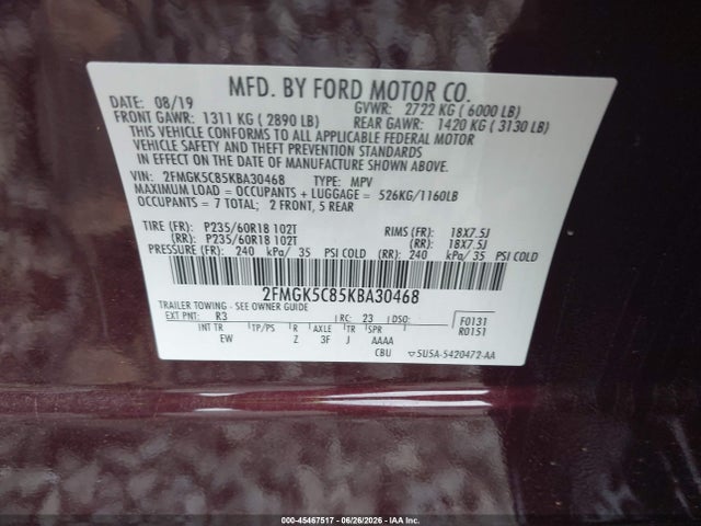 Ford FLEX SEL 2019 2FMGK5C85KBA30468 Image 9