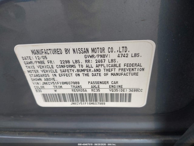 Продажа на аукционе авто 2006 Infiniti G35x, vin: JNKCV51F16M607989, номер лота: 45467519