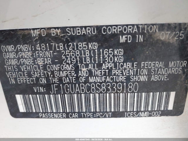 45467545 :رقم المزاد ، JF1GUABC8S8339180 vin ، 2025 Subaru Impreza Base 5-door مزاد بيع