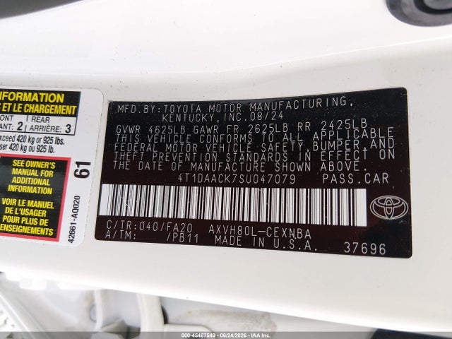 Aukcja sprzedaży 2025 Toyota Camry Le, vin: 4T1DAACK7SU047079, numer aukcji: 45467549