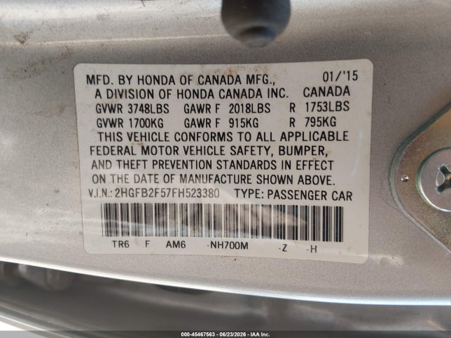 45467563 :رقم المزاد ، 2HGFB2F57FH523380 vin ، 2015 Honda Civic Lx مزاد بيع
