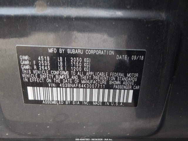 45467583 :رقم المزاد ، 4S3BNAF64K3007711 vin ، 2019 Subaru Legacy 2.5i Premium مزاد بيع