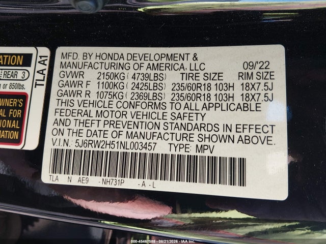 Продаж на аукціоні авто 2022 Honda Cr-v Awd Ex, vin: 5J6RW2H51NL003457, номер лоту: 45467588