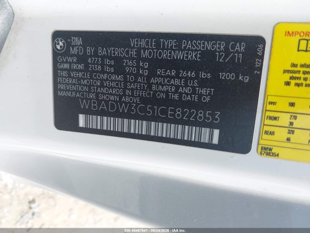 Aukcja sprzedaży 2012 Bmw 328i, vin: WBADW3C51CE822853, numer aukcji: 45467641