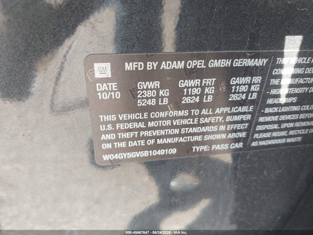 2011 Buick Regal Cxl Turbo Russelsheim მანქანა იყიდება აუქციონზე, vin: W04GY5GV5B1049109, აუქციონის ნომერი: 45467647