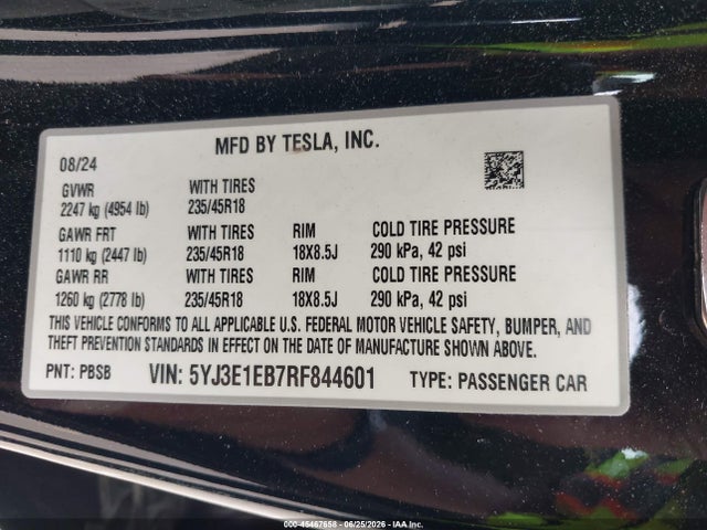 Aukcja sprzedaży 2024 Tesla Model 3 Long Range Dual Motor All-wheel Drive, vin: 5YJ3E1EB7RF844601, numer aukcji: 45467658