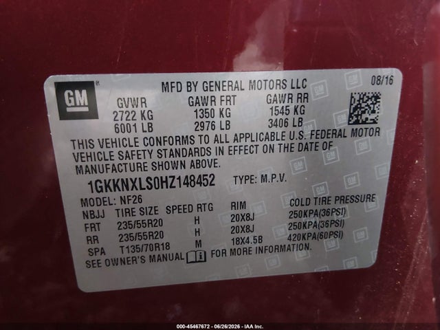 45467672 :رقم المزاد ، 1GKKNXLS0HZ148452 vin ، 2017 Gmc Acadia Denali مزاد بيع