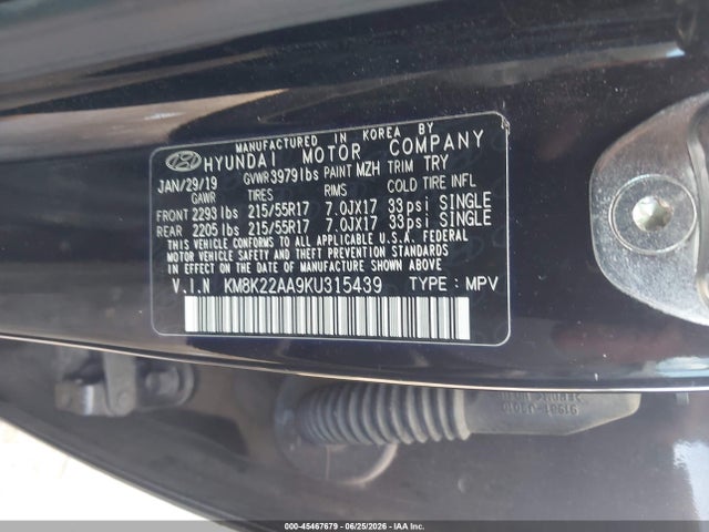 45467679 :رقم المزاد ، KM8K22AA9KU315439 vin ، 2019 Hyundai Kona Sel مزاد بيع