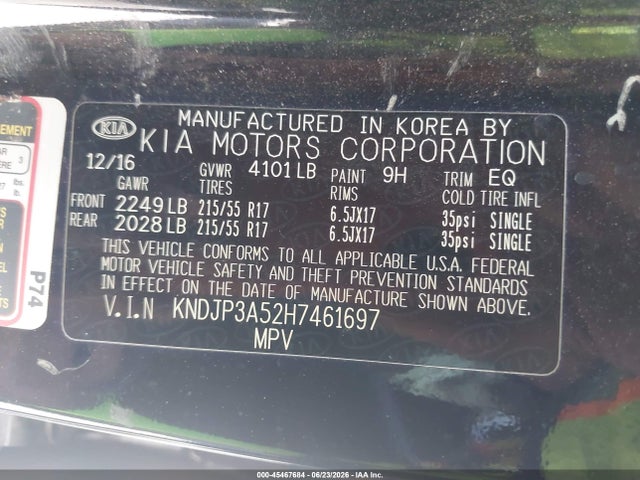 45467684 :رقم المزاد ، KNDJP3A52H7461697 vin ، 2017 Kia Soul + مزاد بيع