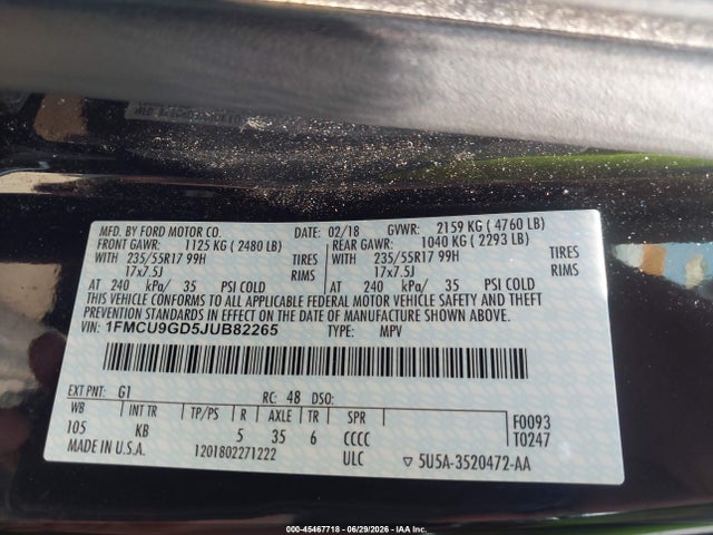 Продаж на аукціоні авто 2018 Ford Escape Se, vin: 1FMCU9GD5JUB82265, номер лоту: 45467718