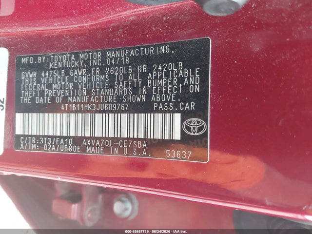 Aukcja sprzedaży 2018 Toyota Camry Se, vin: 4T1B11HK3JU609767, numer aukcji: 45467719