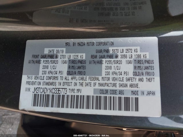 Aukcja sprzedaży 2019 Mazda Cx-9 Grand Touring, vin: JM3TCADY1K0335773, numer aukcji: 45467721