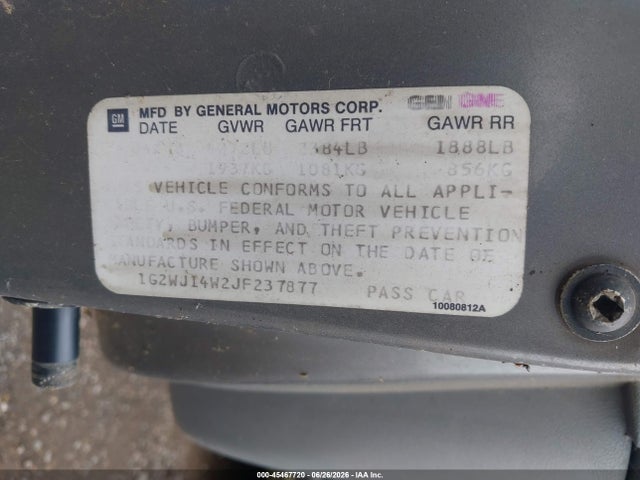 1988 Pontiac Grand Prix მანქანა იყიდება აუქციონზე, vin: 1G2WJ14W2JF237877, აუქციონის ნომერი: 45467720