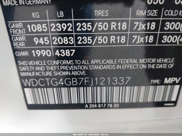 Продажа на аукционе авто 2015 Mercedes-benz Gla 250 4matic, vin: WDCTG4GB7FJ121337, номер лота: 45467738