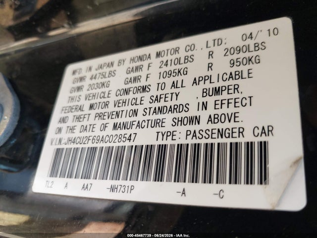 2010 Acura Tsx 2.4 მანქანა იყიდება აუქციონზე, vin: JH4CU2F69AC028547, აუქციონის ნომერი: 45467739