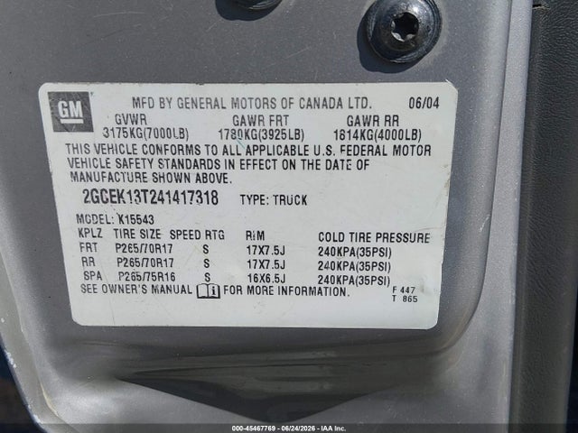 Aukcja sprzedaży 2004 Chevrolet Silverado 1500 Z71, vin: 2GCEK13T241417318, numer aukcji: 45467769
