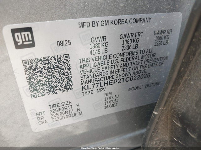 2026 Chevrolet Trax Fwd Lt მანქანა იყიდება აუქციონზე, vin: KL77LHEP2TC022026, აუქციონის ნომერი: 45467803