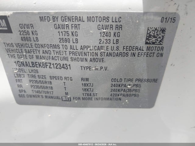 Aukcja sprzedaży 2015 Chevrolet Equinox Lt, vin: 1GNALBEK8FZ123431, numer aukcji: 45467812
