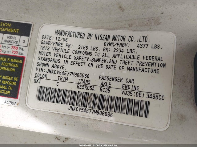45467820 :رقم المزاد ، JNKCV54E77M906066 vin ، 2007 Infiniti G35 مزاد بيع