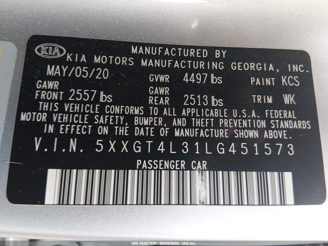 Продажа на аукционе авто 2020 Kia Optima Lx, vin: 5XXGT4L31LG451573, номер лота: 45467829