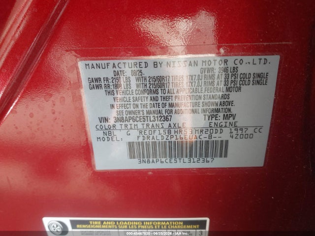 45467830 :رقم المزاد ، 3N8AP6CE5TL312367 vin ، 2026 Nissan Kicks Sv مزاد بيع