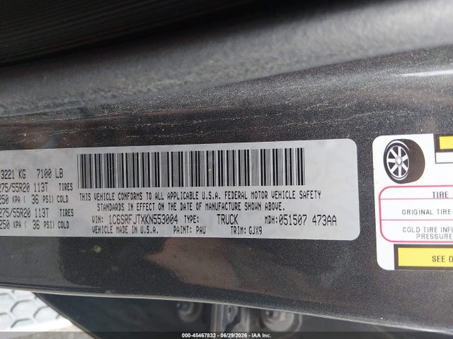 45467832 :رقم المزاد ، 1C6SRFJTXKN553004 vin ، 2019 Ram 1500 Laramie  4x4 5'7 Box مزاد بيع