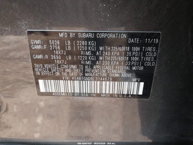45467857 :رقم المزاد ، 4S4BTGND9L3144679 vin ، 2020 Subaru Outback Limited Xt مزاد بيع