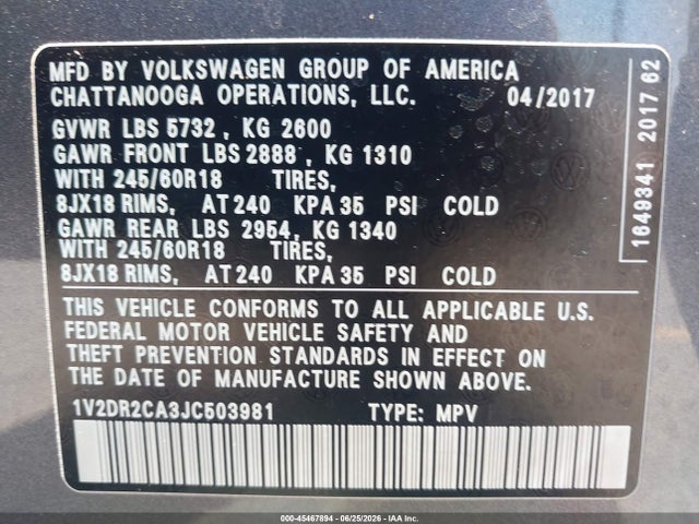 Aukcja sprzedaży 2018 Volkswagen Atlas 3.6l V6 Se/3.6l V6 Se W/technology, vin: 1V2DR2CA3JC503981, numer aukcji: 45467894