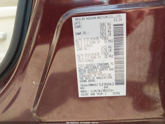 Продаж на аукціоні авто 2014 Infiniti Qx60, vin: 5N1AL0MMXEC529062, номер лоту: 45467918