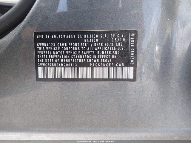 Продаж на аукціоні авто 2019 Volkswagen Jetta 1.4t R-line/1.4t S/1.4t Se, vin: 3VWC57BU9KM200413, номер лоту: 45467931