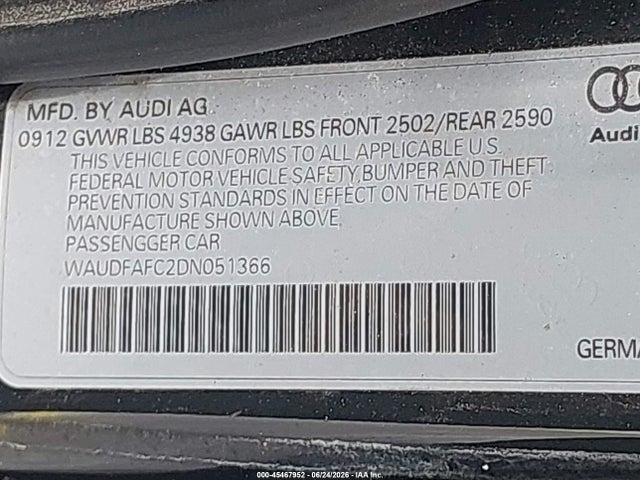 Auction sale of the 2013 Audi A6 2.0t Premium, vin: WAUDFAFC2DN051366, lot number: 45467952