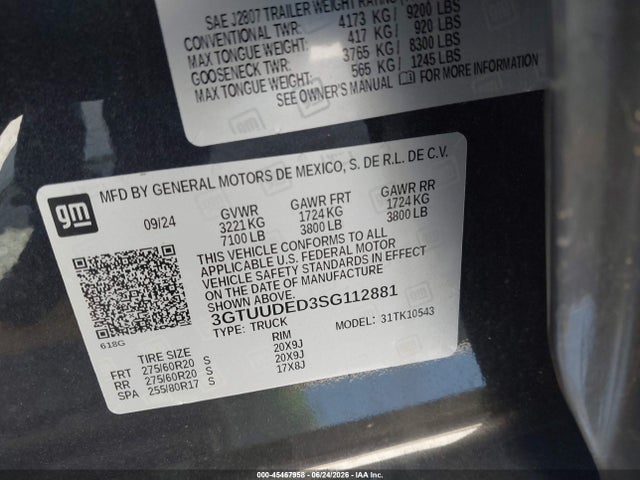 45467958 :رقم المزاد ، 3GTUUDED3SG112881 vin ، 2025 Gmc Sierra 1500 4wd  Short Box Slt مزاد بيع