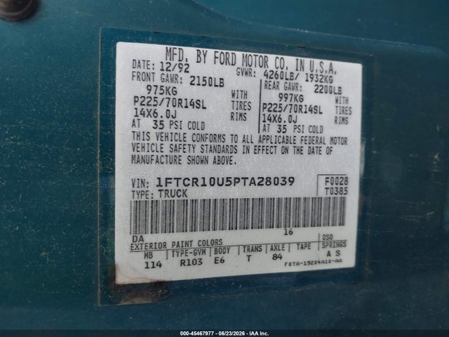 1993 Ford Ranger მანქანა იყიდება აუქციონზე, vin: 1FTCR10U5PTA28039, აუქციონის ნომერი: 45467977
