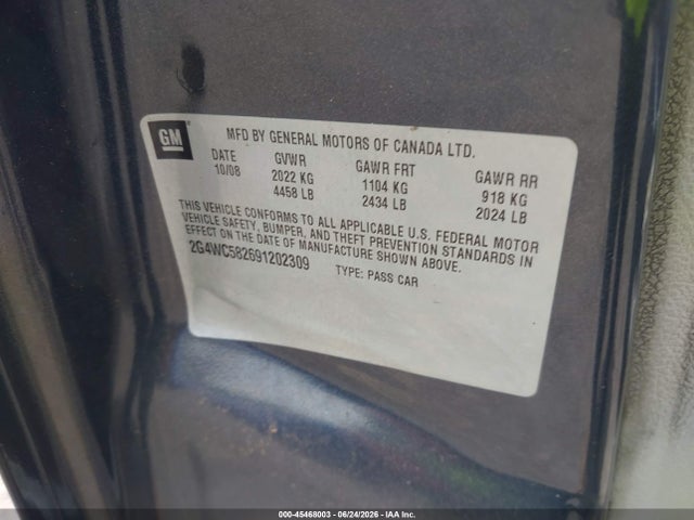2009 Buick Lacrosse Cx მანქანა იყიდება აუქციონზე, vin: 2G4WC582691202309, აუქციონის ნომერი: 45468003
