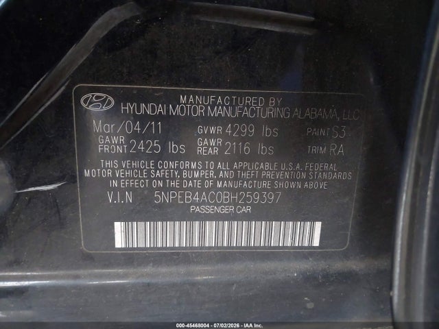 45468004 :رقم المزاد ، 5NPEB4AC0BH259397 vin ، 2011 Hyundai Sonata Gls مزاد بيع