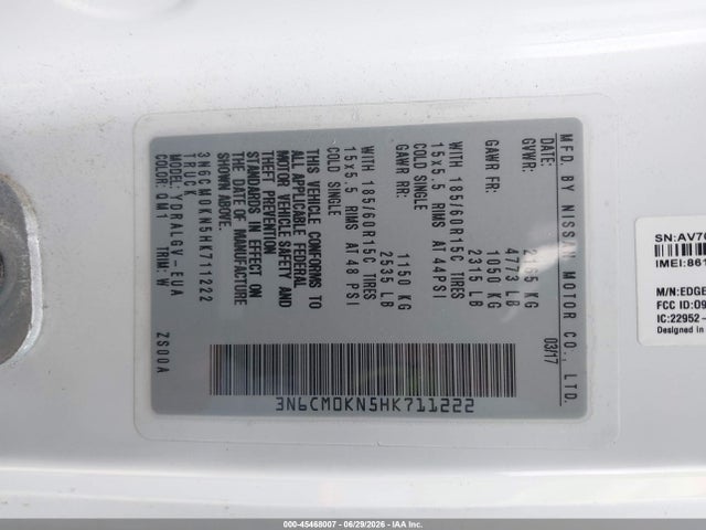 Aukcja sprzedaży 2017 Nissan Nv200 Sv, vin: 3N6CM0KN5HK711222, numer aukcji: 45468007