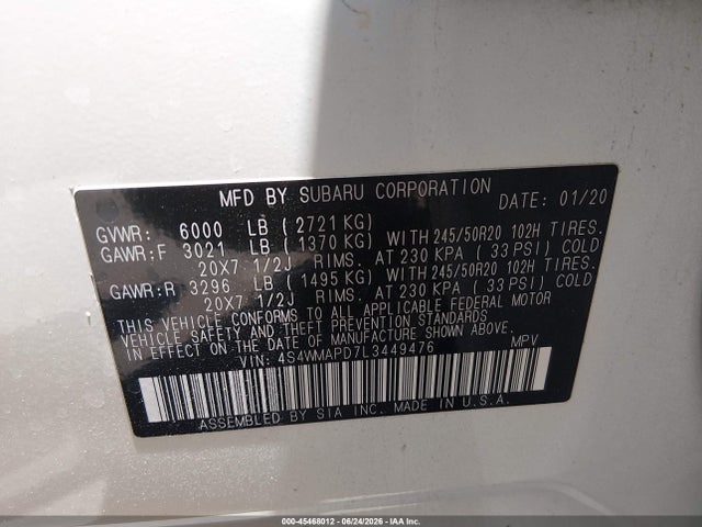 45468012 :رقم المزاد ، 4S4WMAPD7L3449476 vin ، 2020 Subaru Ascent Limited مزاد بيع