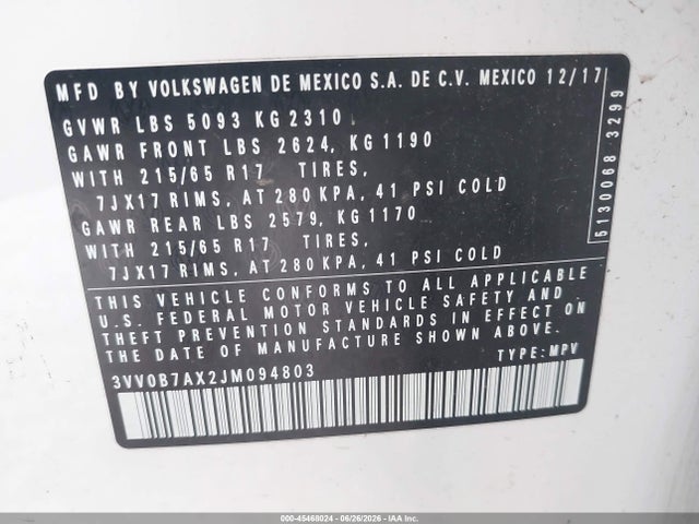 2018 Volkswagen Tiguan 2.0t S მანქანა იყიდება აუქციონზე, vin: 3VV0B7AX2JM094803, აუქციონის ნომერი: 45468024