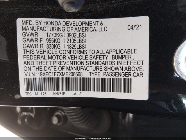 Продажа на аукционе авто 2021 Honda Civic Ex-l, vin: 19XFC1F7XME208668, номер лота: 45468031