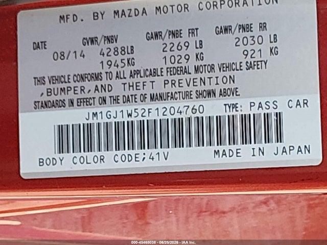 Продаж на аукціоні авто 2015 Mazda Mazda6 I Grand Touring, vin: JM1GJ1W52F1204760, номер лоту: 45468038