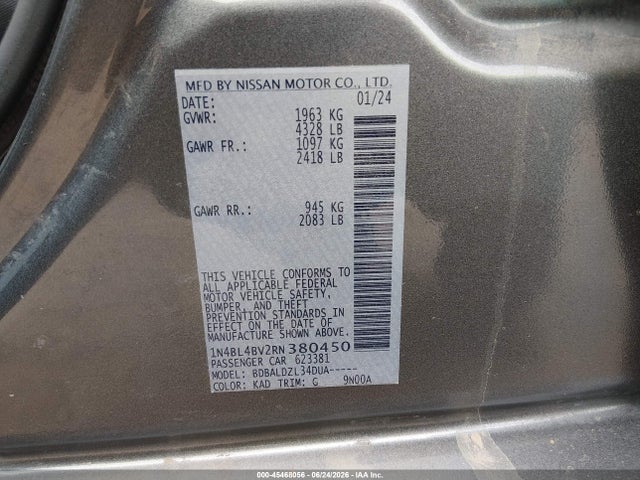 45468056 :رقم المزاد ، 1N4BL4BV2RN380450 vin ، 2024 Nissan Altima S Fwd مزاد بيع