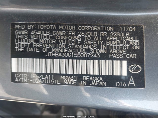 Aukcja sprzedaży 2005 Lexus Es 330, vin: JTHBA30G155087243, numer aukcji: 45468062