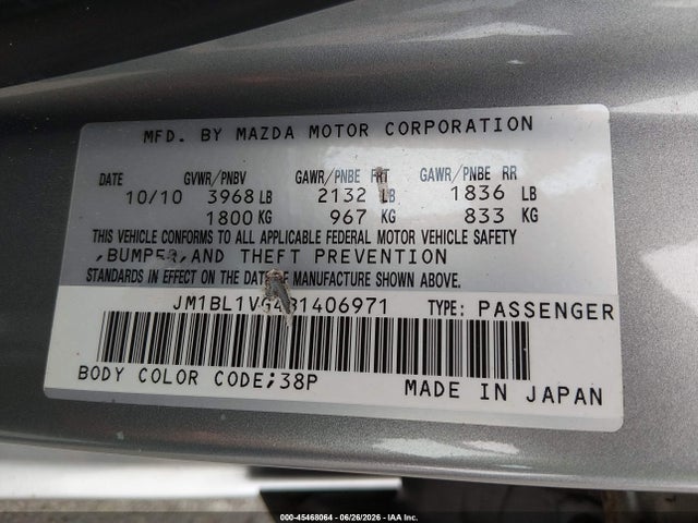 Aukcja sprzedaży 2011 Mazda Mazda3 I Touring, vin: JM1BL1VG4B1406971, numer aukcji: 45468064