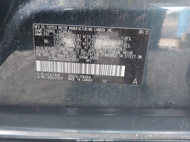 45468079 :رقم المزاد ، 2T3DK4DV3CW079950 vin ، 2012 Toyota Rav4 Limited V6 مزاد بيع