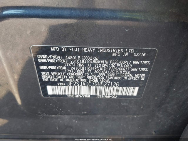Aukcja sprzedaży 2016 Subaru Forester 2.5i Premium, vin: JF2SJADC7GH527126, numer aukcji: 45468099